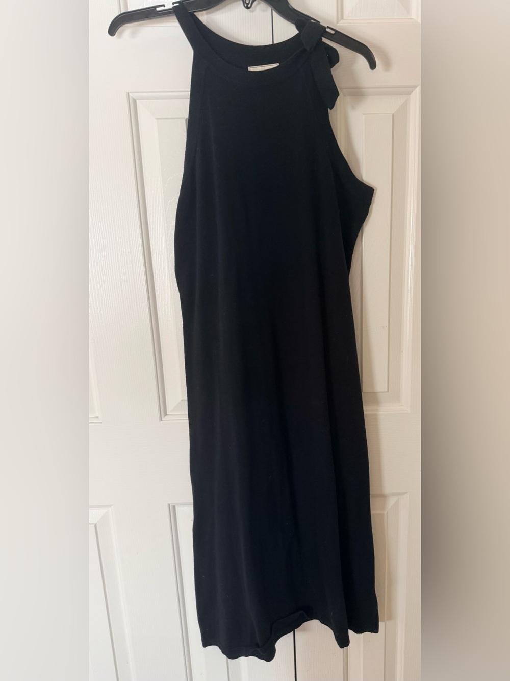Hope & Henry Minimalist Black Midi Body Con Dress with Bow on Shoulder